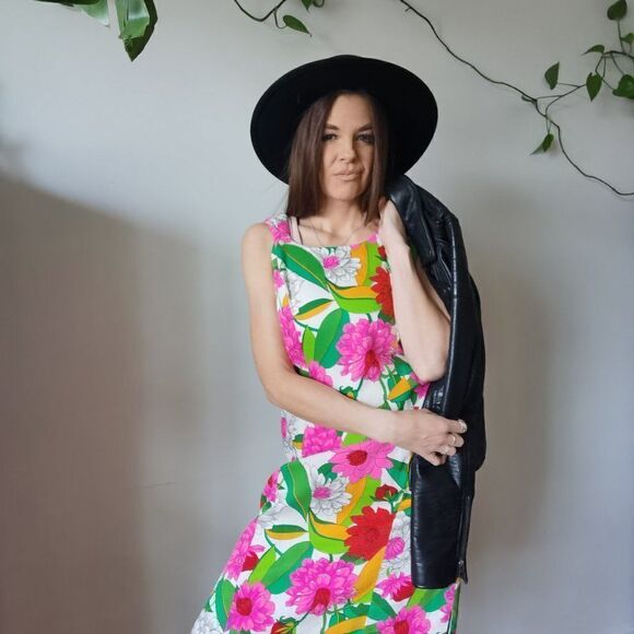 Floral Midi Dress 60s 70s Bark Cloth Bright Spring Vintage - Picture 5 of 9